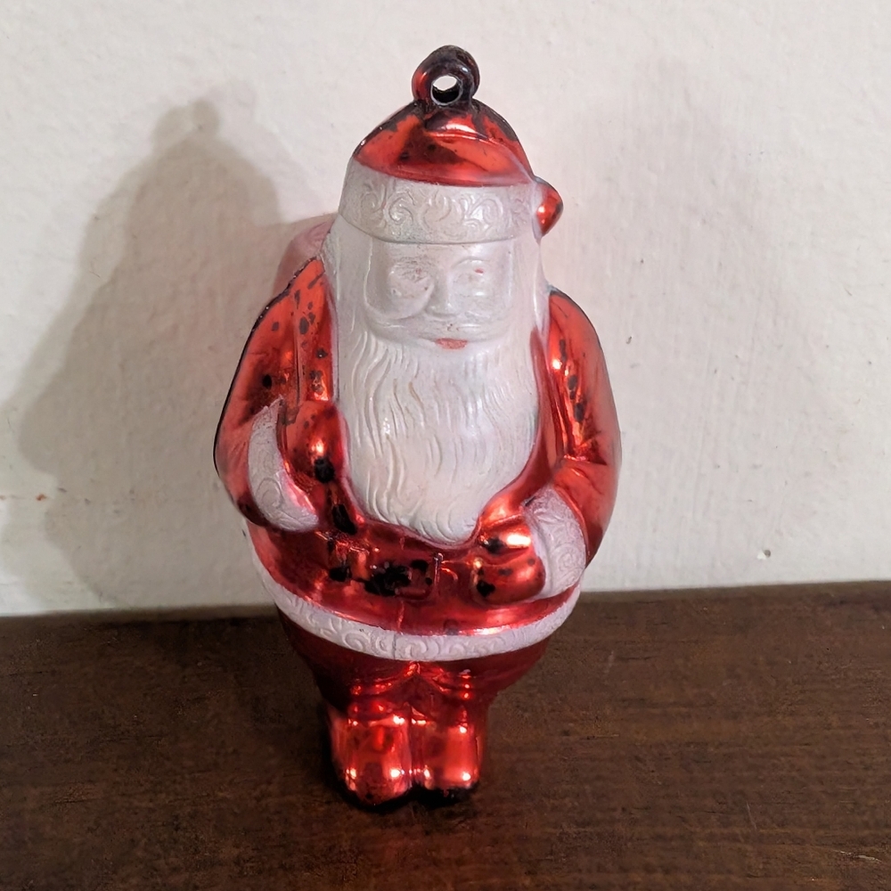 Vintage 1950s Metallic Red Hard Plastic Santa Claus Christmas Ornament - MCM